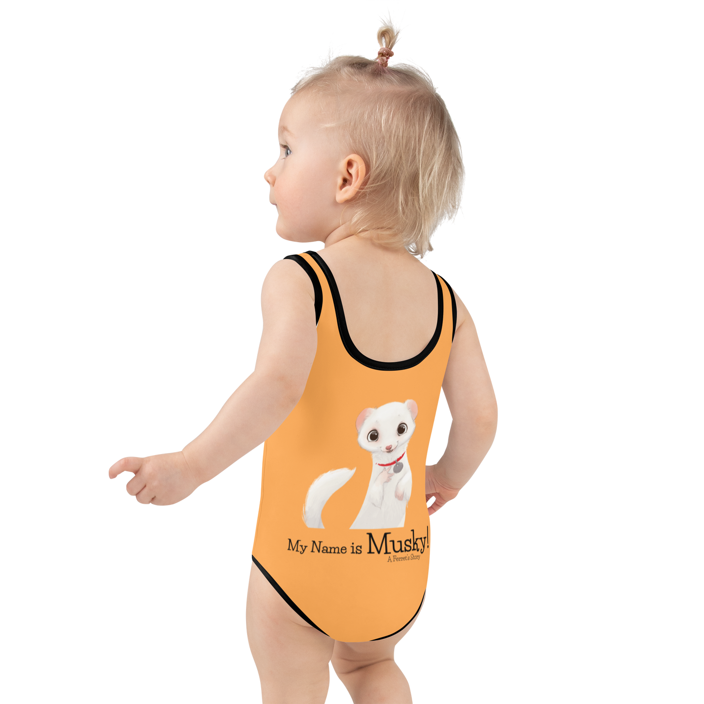 "My Name is Musky! A Ferret's Story" Outrageous Orange Kids Swimsuit!