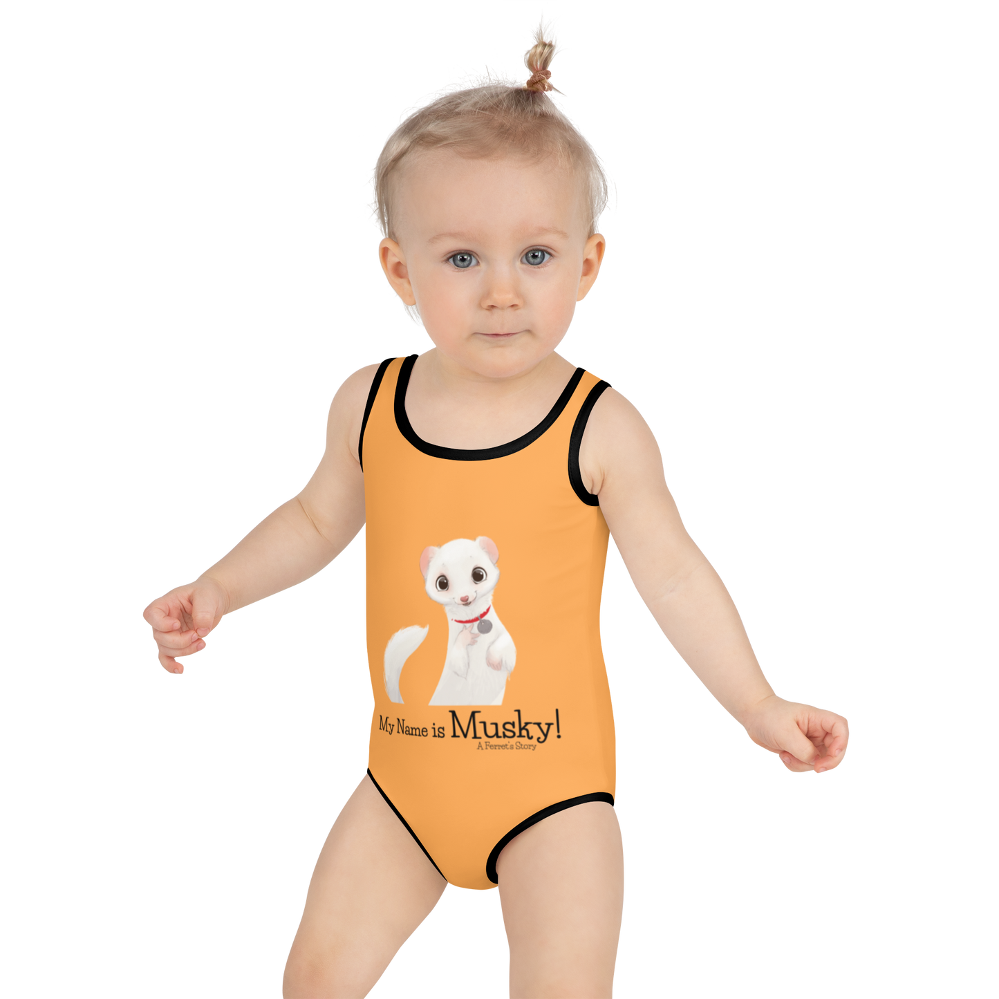 "My Name is Musky! A Ferret's Story" Outrageous Orange Kids Swimsuit!