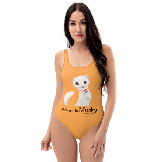 "My Name is Musky! A Ferret's Story" Outrageous Orange One Piece Ladies Swimsuit!